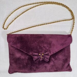 Rodo Italy Purple Suede Bow Clutch Bag Gold Chain Crossbody Evening Purse Plum
